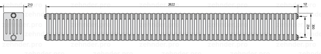 Схема (чертеж) Радиатор Zehnder Charleston 6030/57 №7610 Белый глянцевый RAL 9016